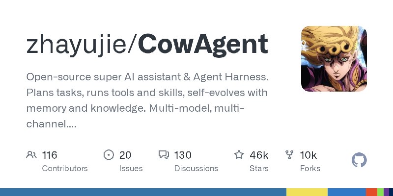 GitHub - zhayujie/CowAgent: Open-source super AI assistant & Agent Harness. Plans tasks, runs tools and skills, self-evolves with…