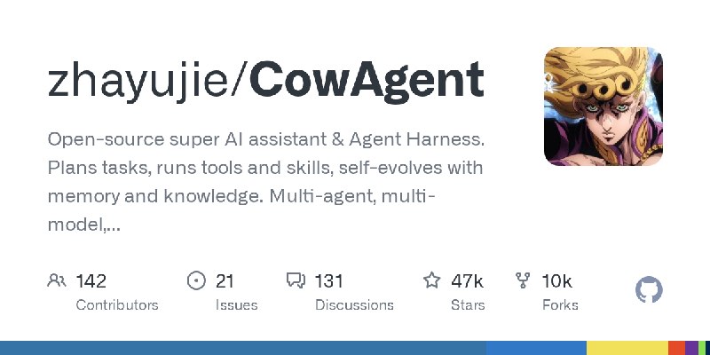GitHub - zhayujie/CowAgent: Open-source super AI assistant & Agent Harness. Plans tasks, runs tools and skills, self-evolves with…