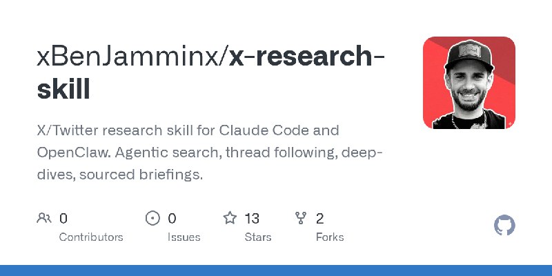 GitHub - xBenJamminx/x-research-skill: X/Twitter research skill for Claude Code and OpenClaw. Agentic search, thread following…